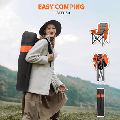 LANMOUNTAIN 2 Pack Padded Oversized Camping Chairs for Adults,Heavy Duty Support 400 Lbs,Folding Portable Lawn Chair w/Cup Holder,Cooler Bag,Side Pocket,Perfect for Outdoor Picnic,Hiking(Orange&Blue)