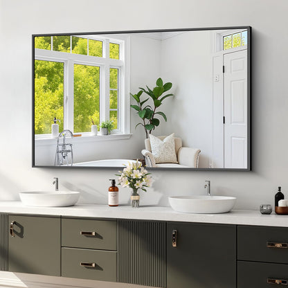 Koonmi Black Framed Bathroom Mirror - Shatterproof 30"x50" Tempered Glass, HD No Distortion, Horizontal/Vertical Mount, Modern Matte Aluminum Alloy Frame