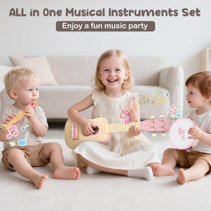 Vanplay Kids Guitar Set for Girls - Toys for 2 3 4 Year Old Girl Birthday Gifts - 7 in 1 Wooden Montessori Musical Instruments with Ukulele/Tambourine/Maracas/Flute for Toddler 2-5(Pink)