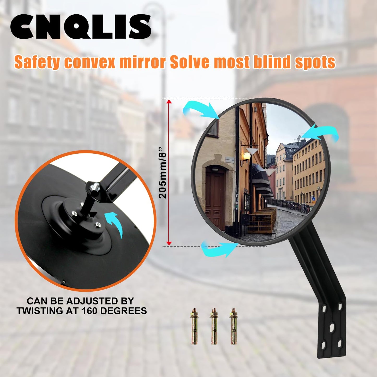 CNQLIS 8 Inch Convex Mirror Outdoor with Adjustable Wall Fixing Bracket,Blindspot Traffic Mirror for Driveway Garage Park Outdoor Wide Angle View Curved Security Blind Spot Mirrors