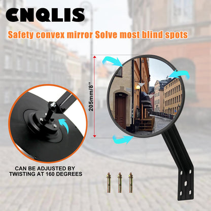 CNQLIS 8 Inch Convex Mirror Outdoor with Adjustable Wall Fixing Bracket,Blindspot Traffic Mirror for Driveway Garage Park Outdoor Wide Angle View Curved Security Blind Spot Mirrors