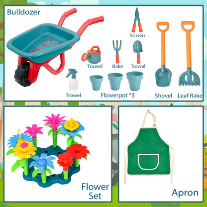 unanscre Gardening Tool Set for Kids, with Toddler Wheelbarrow, Watering Can, Spray Bottle, Double Rake, Shovel, Trowel, Pruner, Flowers Kit, Apron, Pretend Play Garden Toys for Age3+ Outdoor Yard