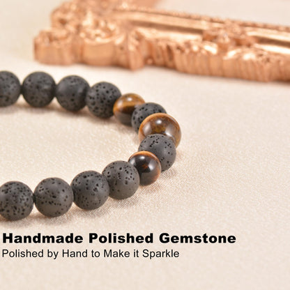 Aluckiss 8mm Adjustable Tigers Eye Bracelet for Men Women Round Volcanic Stone Beaded Bracelets Jewelry Natural Gemstone Handmade Polishing Energy Stone Protection Bracelet for Spiritual Healing Meditation Yoga