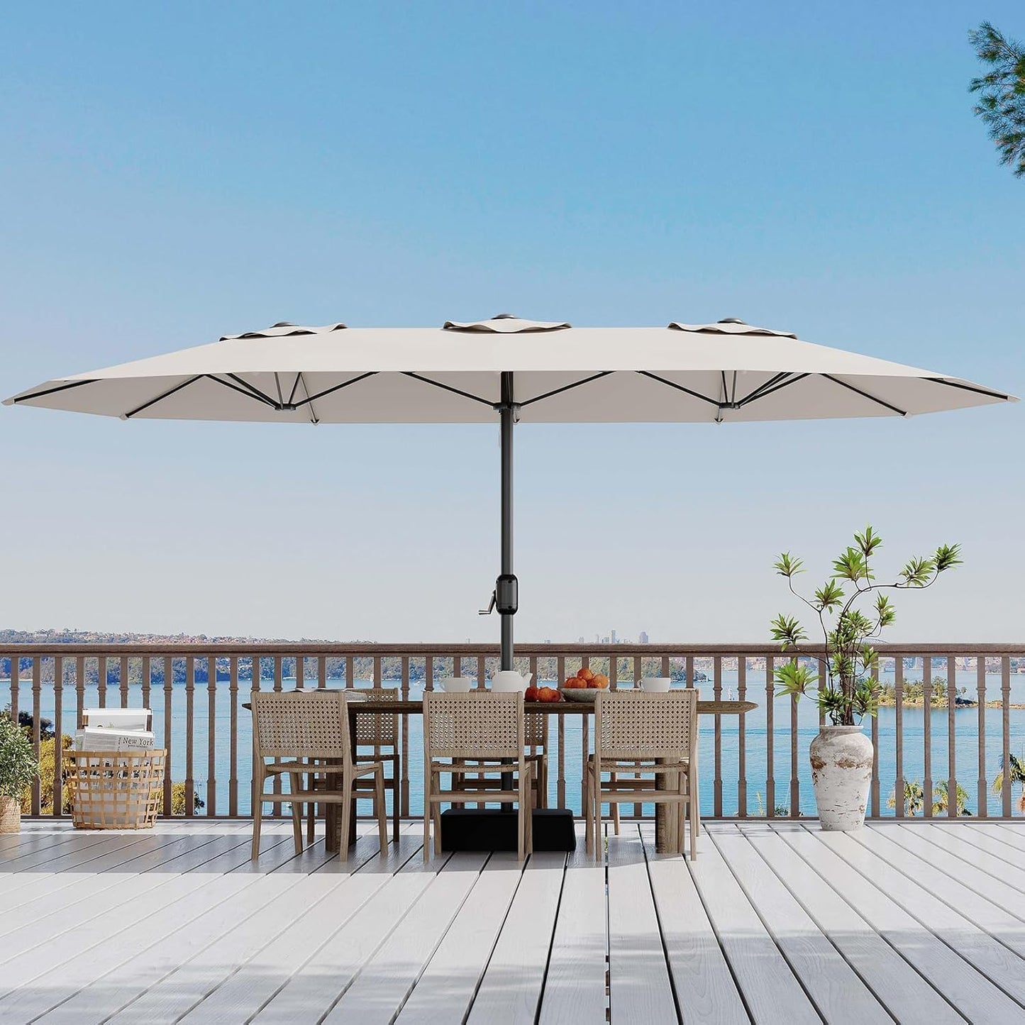 Garvee 15FT Rectangular Outdoor Umbrella Patio Umbrella with Base Included Large Market Umbrellas with Crank Handle UV Protection Table Umbrellas for Outdoor, Backyard, Deck, Poolside, Beige