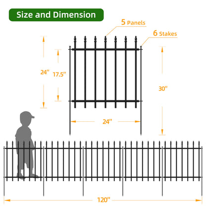 FOREHOGAR Decorative Metal Garden Fence 24 in H x 10 ft L, Border Fence Panels Animal Barrier for Dogs, No Dig Garden Fencing for Yard Patio Flower Bed Lawn Outdoor 5 Panels + 6 Stakes Black