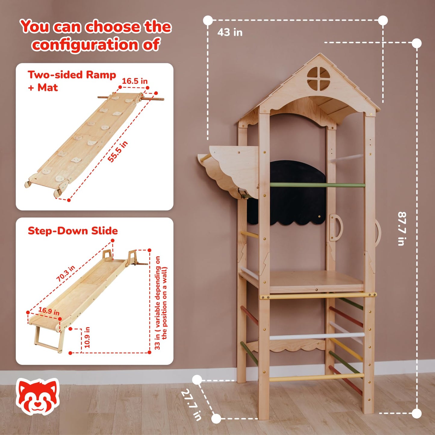 Wood And Hearts Indoor Wooden Climbing Complex, Indoor Jungle Gym for Kids Ages 3-8, Indoor Climbing Gym (Mini Tower Playset)