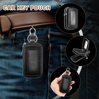 HARFINGTON 2Pcs Double Car Key Fob Case Leather RFID Smart Key Chain Keychain Holder with Metal Hook Keyring Zipper Bag for Remote Key Fob, Black