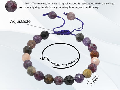 Amazing Gemstone Women's Multi Tourmaline Bracelet - Chakra Mens Bracelet Protection Crystals & Healing Stones - Blessing Bracelet Spiritual Meditation Gift (Faceted Beaded Bracelet, Adjustable)
