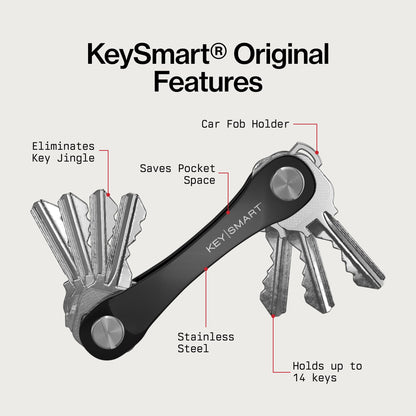 KeySmart Original Key Holder - Compact Key Organizer for Key Chain, Minimalist Clutter-Free EDC Keychains Key Ring, Black, 14 Keys