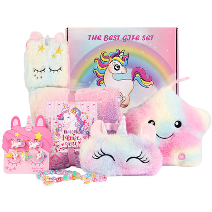 FIIOEOY Unicorn Gift Box for Girls Age 6-8, Unicorn Plush Toy Set with Glow in The Dark Blanket Light Up Star Pillow Eye Mask Crossbody Bag, Birthday Gifts for Daughter Niece