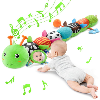 Tummy Time Baby Toys Sensory Musical Animal Stuffed Car Seat Toy for Infant 0-3-6-12 Months Newborn, Plush Caterpillar with Mirror,Crinkle,Rattle Teething Toys for Baby Boys Girls Shower Gifts, Green