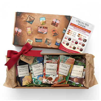 BBQ Rub Gift Set - 5 Spices Gift Set in Premium Box - Great Grilling Gift for Mother's Day, Father's Day, Birthday, Men, Women - Unique Barbecue Seasonings Gourmet Spice Set of 5: Bacon Salt, Harissa, Umami Mushroom Powder, Coffee Rub, Tuscan Grill