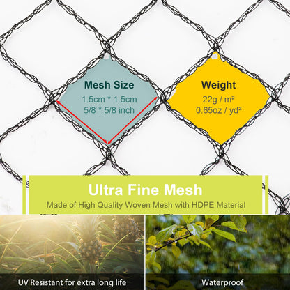 Bird Netting for Garden, 26 x 49FT Heavy Duty Anti Bird Netting Mesh with Ties and Landscape Staples for Vegetable, Fruit Trees & Other Plants, Lasting Against Birds Squirrels and Poultry, Black