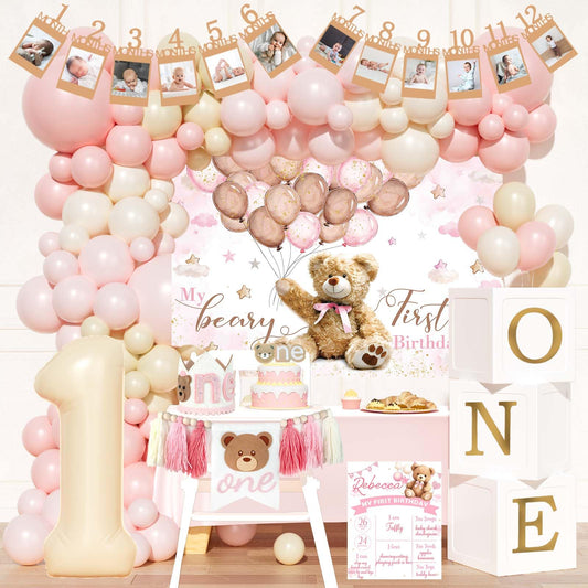 Hombae Beary First Birthday Decorations for Girl, Teddy Bear 1st Birthday Party Supplies, Pink Ivory Balloon Garland, Girl Baby Photo Banner, Bear Birthday Themed Decor Party Pack