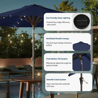 Patio Kingdom 9FT Solar Umbrella 32 LED Lighted Patio Umbrella Table Market Umbrella w/Tilt and Crank, UV-Resistant Outdoor Umbrella for Pool, Garden, Deck, Navy Blue