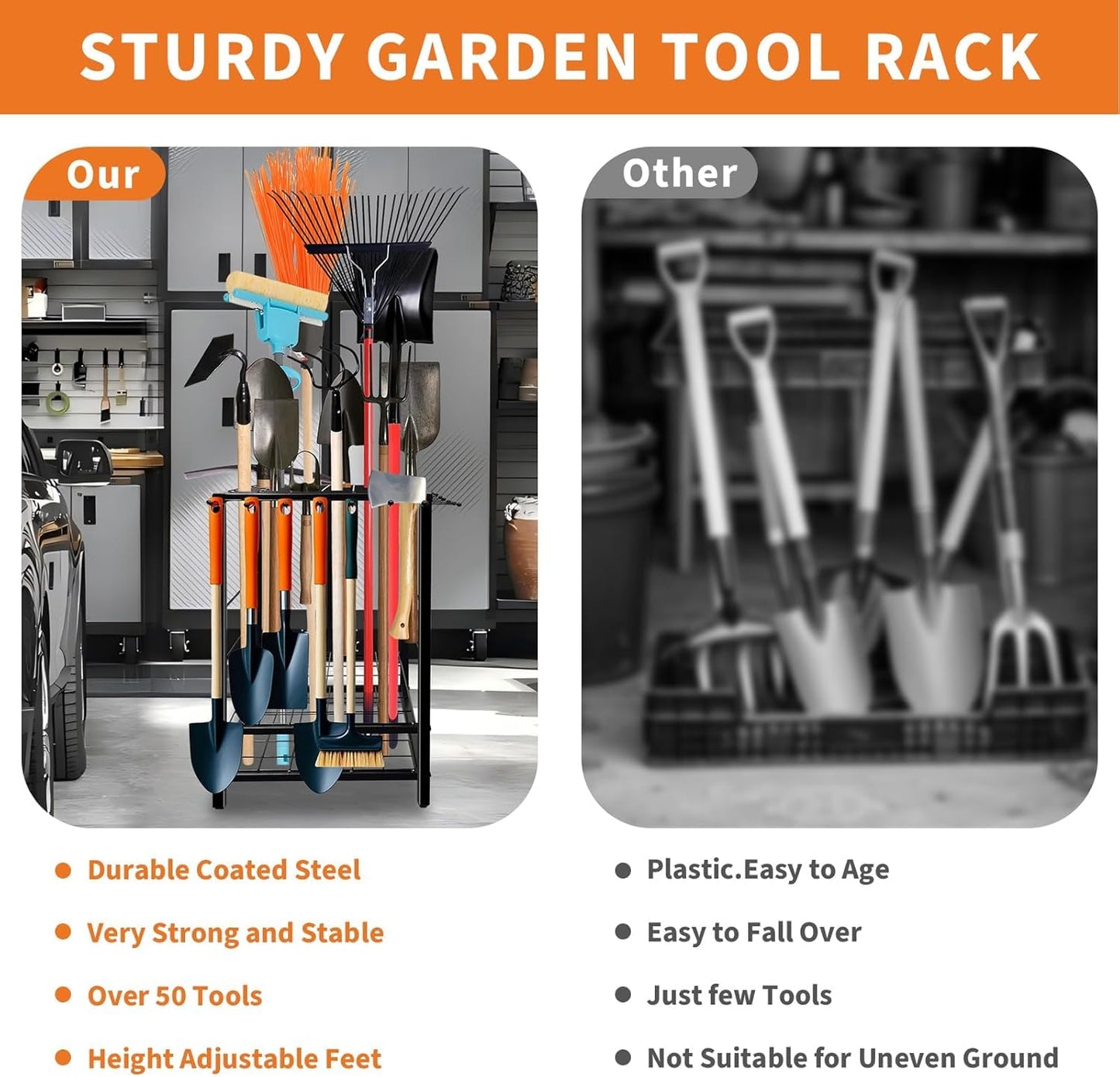 HobbyField Garden Tool Organizer, 15 * 15 * 27 Yard Tool Storage Rack for Garage, Shed, and Outdoor Use, Partitioned Tool Stand for Rakes, Shovels, Brooms, and More