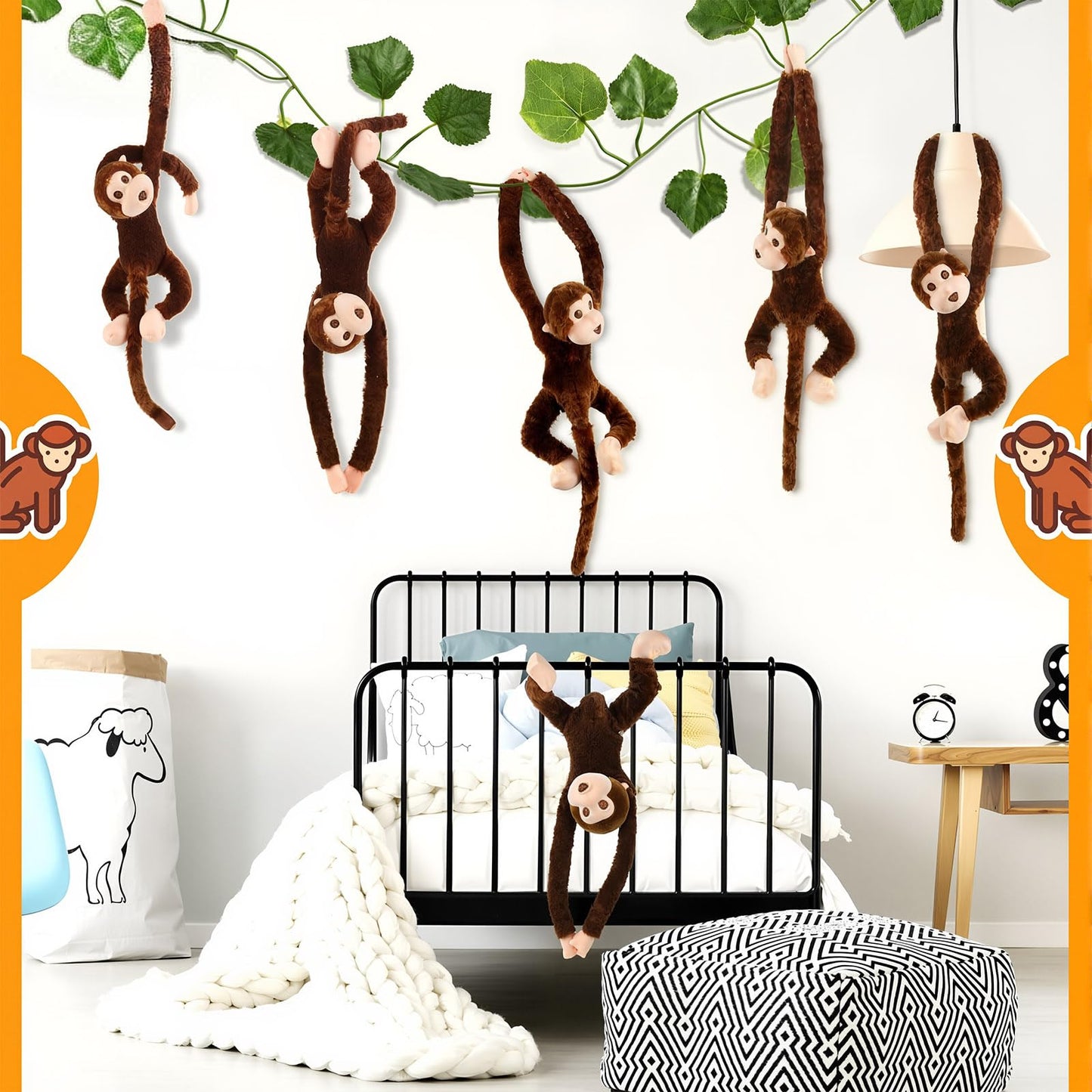 Hungdao 6 Packs Hanging Monkey Stuffed Jungle Animal Toy Gifts with Hook and Loop Jungle Party Hanging Plush Monkey for Classroom Birthday Party Decorations(Dark Brown,24 Inch)