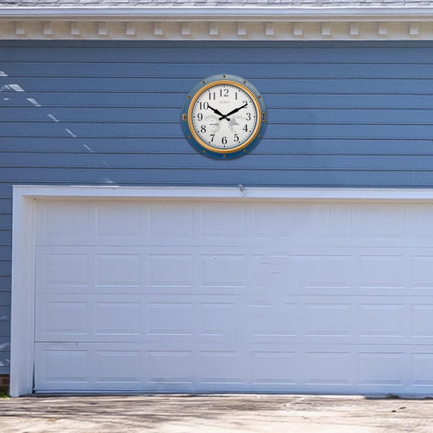 OCEST 16 Inch Indoor Outdoor Clock, Waterproof Wall Clock with Thermometer Hygrometer, Silent Non-Ticking Battery Operated Decor for Home Decor, Patio(Blue)