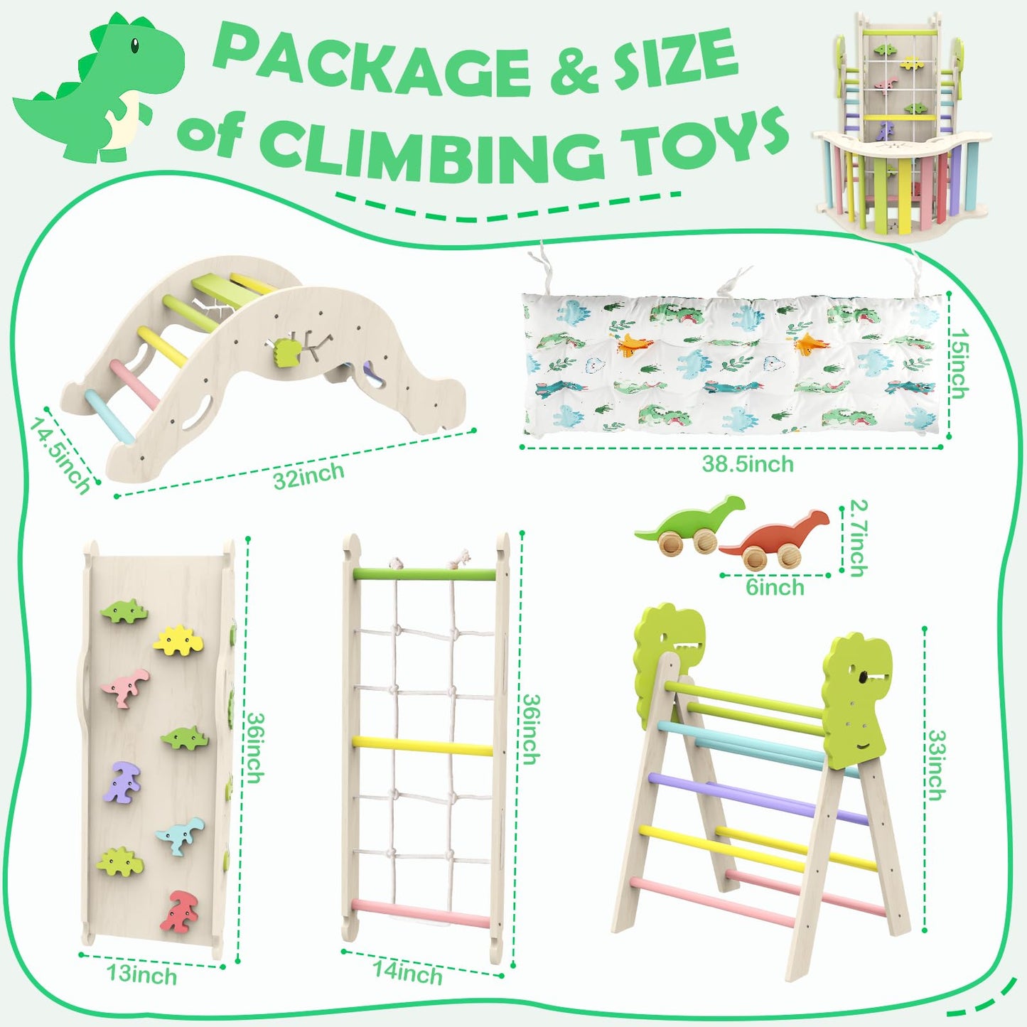 Jasite Pikler Triangle Set with Cushion, 12 in 1 Toddler Montessori Toys Indoor Baby Climbing Gym Pikler Triangle Climbing Set Wooden Toy Climbing Rope Ladder, Shape Sorter, Push Car 【Dinosaur Toys】