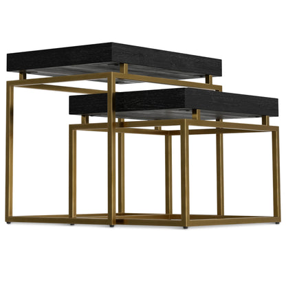 SIMPLIHOME Macy SOLID MANGO WOOD and Metal 20 inch Wide Rectangle Contemporary 2 Pc Nesting Table in Black, Gold, Fully Assembled for the Living Room and Bedroom