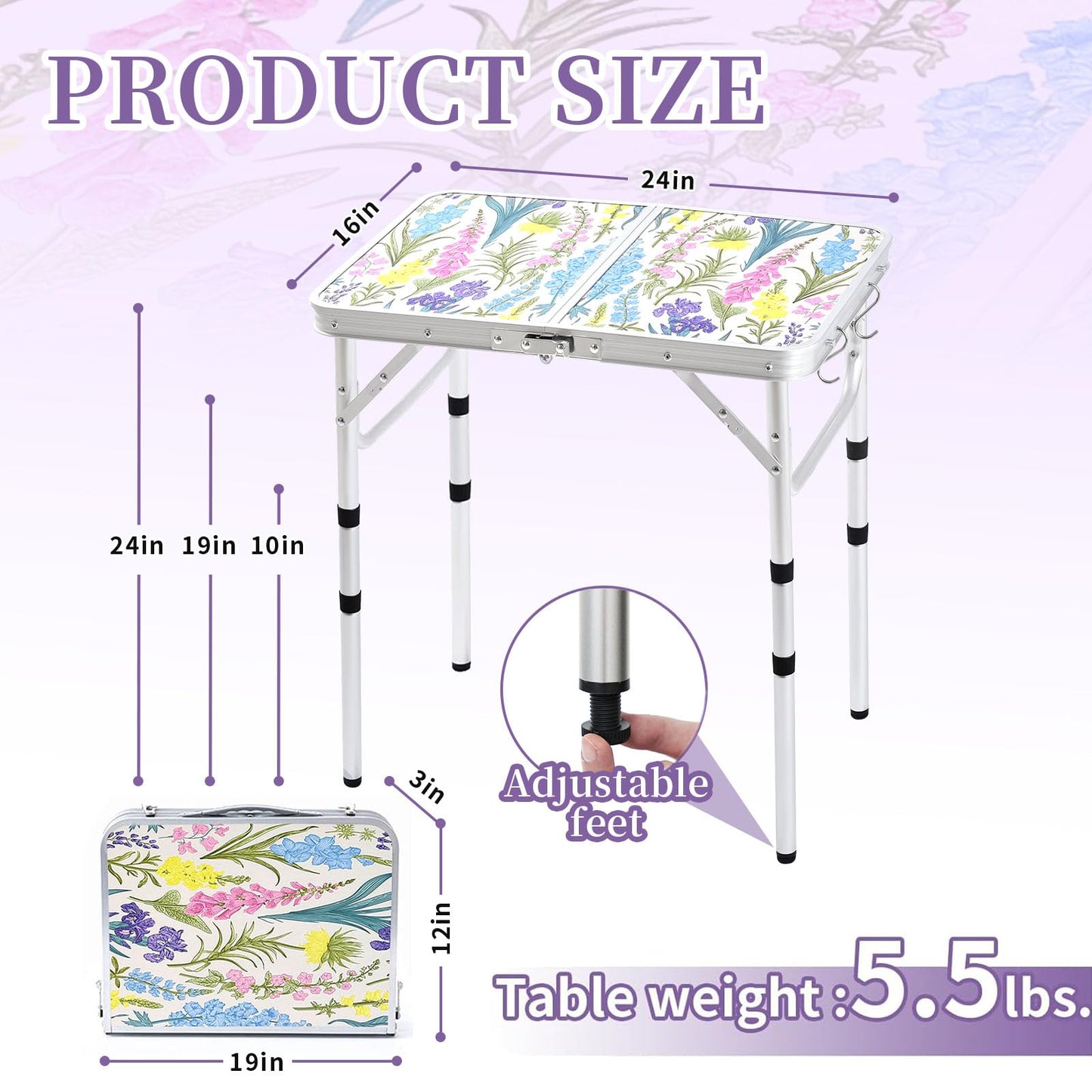 Yriuat Folding Camping Table 2ft Portable Pinic Table Adjustable Height Small Card Table Aluminum Foldable Lightweight with Carry Handle for Outdoor Indoor Hiking Camp BBQ Beach (Blooming Floral)