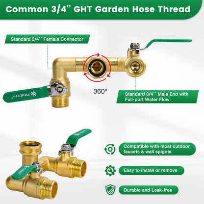 2 Way Brass Garden Hose Splitter Heavy Duty, 360° Rotatable Y Valve, Full Flow Large Ball Valve, 304 Stainless Steel Long Handle, 3/4" GHT Thread for Outdoor Faucet Lawn Irrigation Car Wash