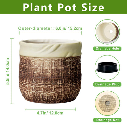Teagas 6 Inch Plant Pot - Ceramic Pots for Plants with Drainage Hole and Plug, Unique Plant Pots for Indoor Outdoor Plants, Round Planter, Room Home Decor, Gifts for Plant Lovers, Brown