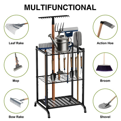 RANXFLOAT Garden Tool Organizer with Storage Hooks, Yard Tool Tower Rack for Garage Organization and Storage, Up to 35 Long-Handled Tools, Metal Tool Holder with 6 Hooks, Black