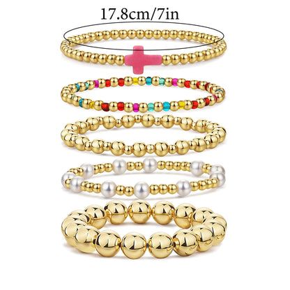 Qiuseadu Chunky Gold Beaded Stack Bracelets Beads Ball Cross Colorful Statement Bracelets Set for Women (Rainbow Accent)