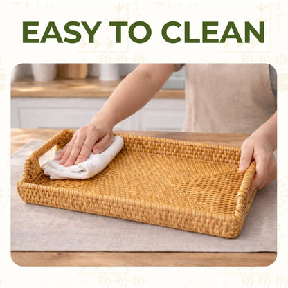 Rattan Serving Tray with Handles (11.4 x 16.9 x 2 in) – Handwoven Wicker Tray for Coffee Table, Breakfast, Ottoman & Home Decor, Natural Woven Tray
