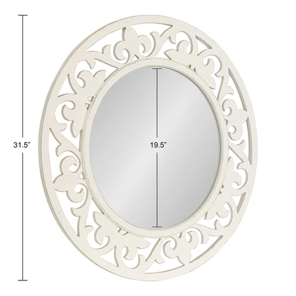 Kate and Laurel Shovali Coastal Round Mirror; 32 Inch Diameter; White; Decadent Wall Decor with Ornate Wood-Carved Frame