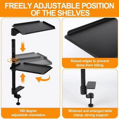 FBOAZI 3 Tier Clamp On Desk Shelf,360° Rotatable Adjustable Above or Under Desktop Organizer,Carbon Steel Storage Tray for Home Office and Gaming Accessories（Black）