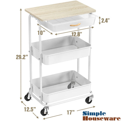 Simple Houseware 3-Tier Rolling Utility Cart with Drawer & Wood Tabletop - Mobile Sofa Side Table, Nightstand, Slim Storage Organizer Trolley for Bedroom, Bathroom, Office & Art Supplies, Maple