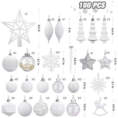 SHareconn 100pcs Christmas Tree Decorations Ornaments Set, Shatterproof Plastic Baubles Decorative Balls for Xmas Tree Decor Holiday Wedding Party, White