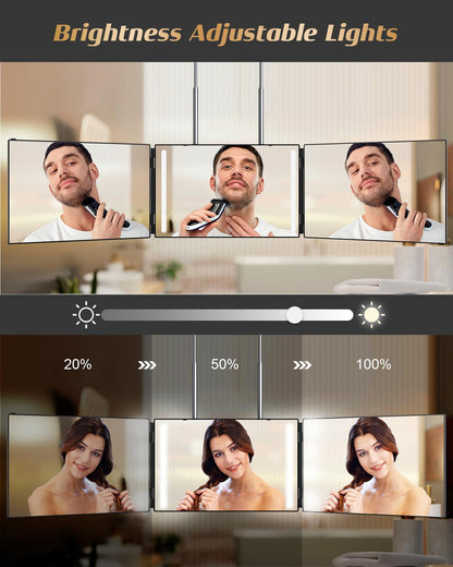 JUSRON 360 Viewing Angle Self Hair Cutting Mirror, Clear Anti-Fog HD Glass (Black with LED with Accessories)