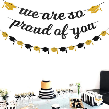 Black White-Gold Party-Decoration Graduation Banner - 8pcs Kits Cap Garland Streamers, Paper Tissue Pom Poms Flowers,We are So Proud of You Grad Graduation 2025 Decor Lasting Surprise