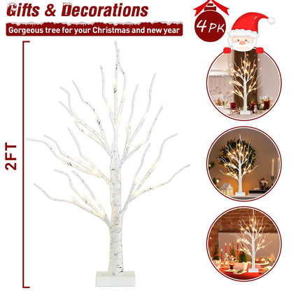 PEIDUO Christmas Decorations for The Home, 2FT BirchTree with LED Lights, Warm White Tree Lamp, Fairy Light Spirit Tree for Room Inside Fireplace Home Decor, Battery Powered, Timer (4PK)