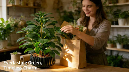 Ewtogift 16" Artificial Peperomia Potted Plant in Black Ribbed Ceramic Planter Realistic Faux Green Leaves Tabletop Branches for Indoor Home Office Living Room Shelf Desk Decor