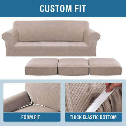 H.VERSAILTEX 4 Piece Stretch Sofa Covers for 3 Cushion Couch Covers for Living Room Slipcovers (Base Cover Plus 3 Seat Cushion Covers) Upgraded Thicker Jacquard Fabric (Sofa, Sand)