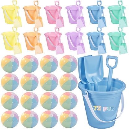Lunmon 72 Pcs Beach Toys for Kids 24 Set Sand Buckets Shovels Bulk Pastel Beach Balls Inflatable Sand Toys for Girls Boys Toddlers Games Birthday Summer Pool Party Favor (Macaron, Stylish)