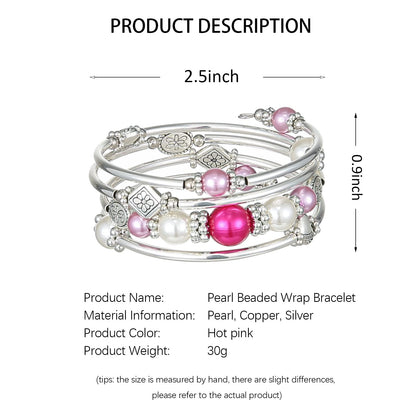 FULU AUTUMN Beaded Pearl Bangle Bracelets for Women Silver Wrap Bangles Bracelet Womens Costume Jewelry Fashion Gift(18-Hot pink)
