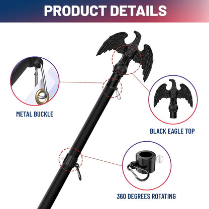 Indoor Flag Pole Kit with Base 6FT-8FT,Aluminum Commercial Indoor Flagpole & 360° Rotating Anti Wrap Ring,Adjustable Heavy Duty Flag Pole Kit for Office School with Black Eagle Topper (1Pack)