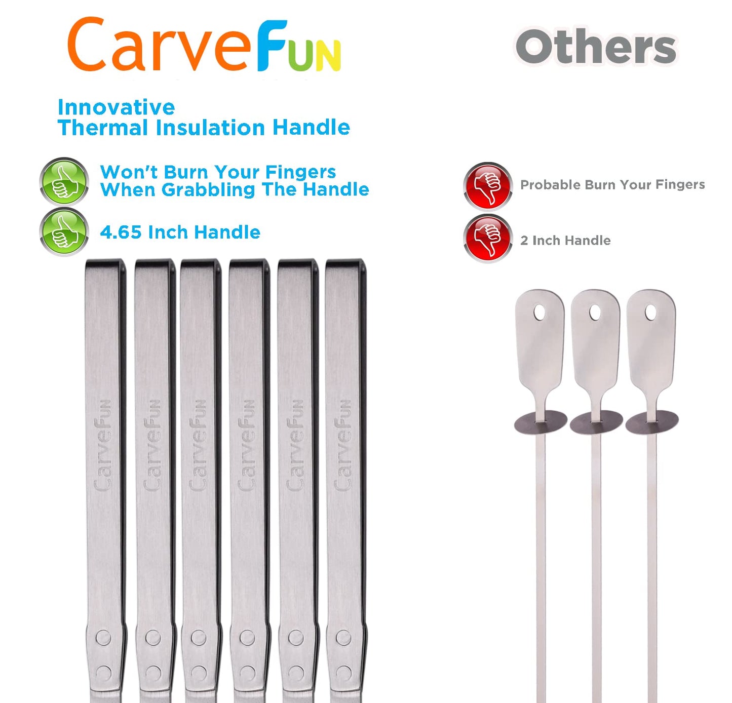 Carvefun Innovative Thermal Insulation Handle BBQ Skewers Set - 6 Stainless Steel Wide BBQ Kebob Sticks For Grill - Flat Metal With 1 Food Remover Bar - 16.7' Inch Metal Kabob Skewers