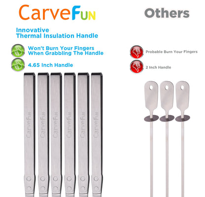 Carvefun Innovative Thermal Insulation Handle BBQ Skewers Set - 6 Stainless Steel Wide BBQ Kebob Sticks For Grill - Flat Metal With 1 Food Remover Bar - 16.7' Inch Metal Kabob Skewers