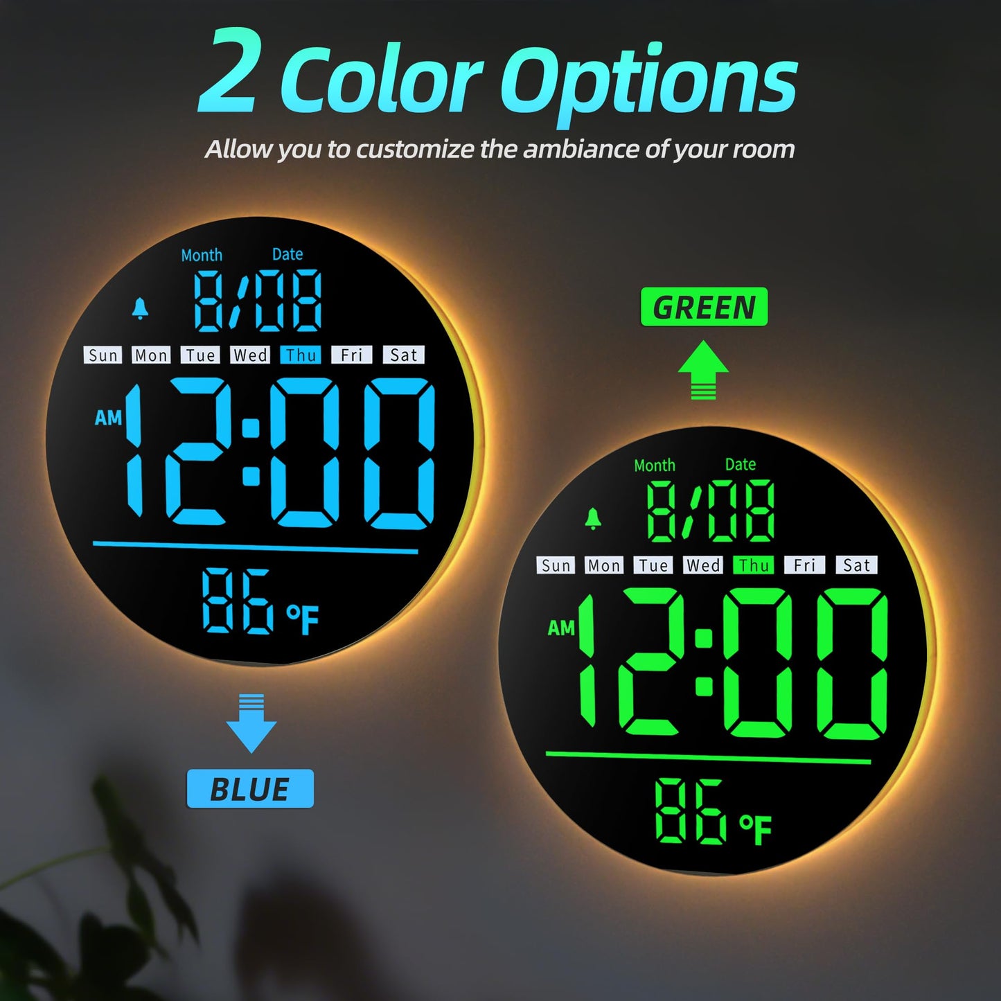 Jassurance 8in Round Digital Wall Clock, Large LED Display, Auto DST, Temperature, Alarm Clocks for Living Room, Bedroom, Office, Classroom, Gym Countdown Timer