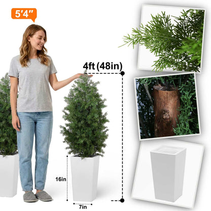 Aveyas 4ft Artificial Cedar Topiary Trees, 4 Feet Faux Potted Plants Evergreen Fake Pine Cypress Tree for Outdoor Porch Home Outside Door Decor (4 ft Tall Including Raised Pot) - Set of 2 Pack