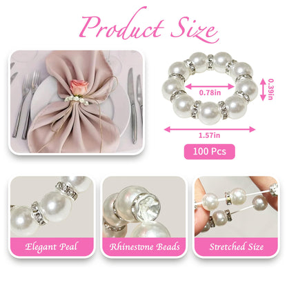 100 Pcs Silver Disposable Napkin Rings Imitation Pearl Ring Napkin Holder Delicate White Beaded Serviette Buckles for Wedding. Party, Family Parties, Engagements, Dinner Table Decor and Daily Use