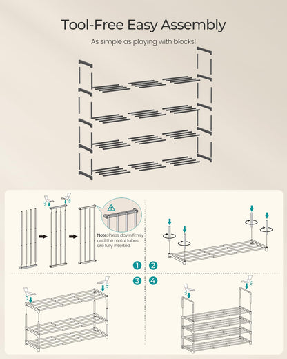 SONGMICS Shoe Rack, 4-Tier Shoe Organizer, Metal Storage Shelf, Upright or Upside Down, for 20-25 Pairs, Stackable, for Entryway, 11.8 x 36.2 x 29.1 Inches, Black ULSA14BK