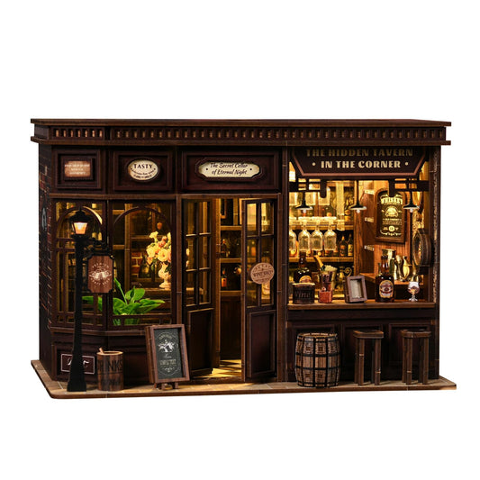 DIY Book Nook Kit for Adults 3D Wooden Puzzle with LED Light - High Traffic Vintage Corner Tavern Crafts Bookshelf Insert Decor, Relaxing Creative Activity Great Gift for Family Friends
