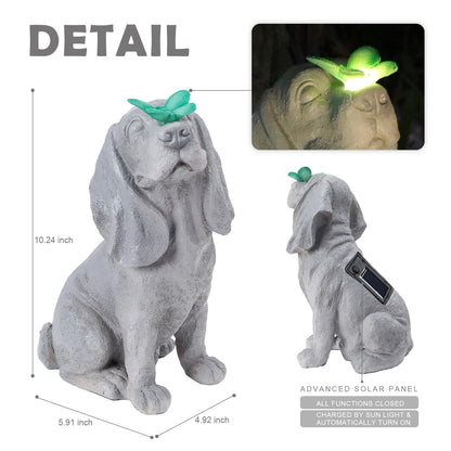 Ovewios Garden Statue Dog Figurines - Outdoor Dog Statue with Solar Butterfly Lights for Patio Yard Art Decor Balcony Lawn Ornament, Ideal Housewarming Gardening Gifts for Mom